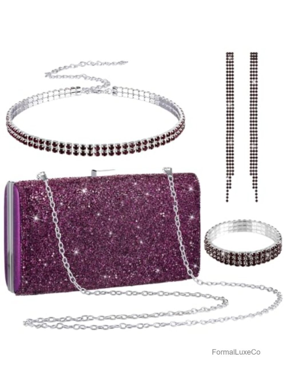 Rhinestone Jewelry Set with Clutch Purse, Necklace, Bangle, Earrings for